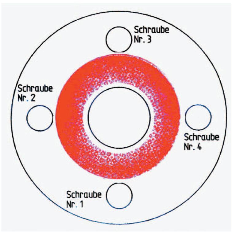 No segundo experimento foram torqueados os parafusos seguindo a seqüência cruzada 1 3 2 4, aplicando o valor do torque nominal em 4 etapas, isto é, 25% do torque total nos 4 parafusos seguindo o