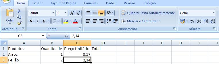 Cálculos simples - Multiplicação A coluna Total na planilha ao lado deve conter a multiplicação entre Quantidade e Preço Unitário. 1. Vamos começar o cálculo: digite = na célula D.. Clique na célula B.