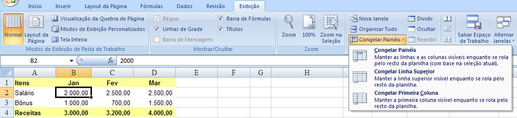 Assim, se você quiser: Congelar a primeira linha, deixe o cursor na célula A.