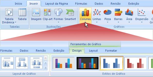 Guias adicionais Crie um gráfico clicando em um botão na guia Inserir no grupo Gráficos. Em seguida, as guias Ferramentas de Gráfico ficam disponíveis: Design, Layout e Formato.
