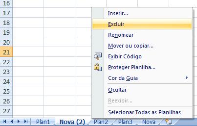 Deletando planilhas 1. Pressione o botão DIREITO do mouse sobre a planilha que você quer apagar.. Escolha Excluir na lista de comandos que aparece. Elementos na tela do Excel e na planilha 1.