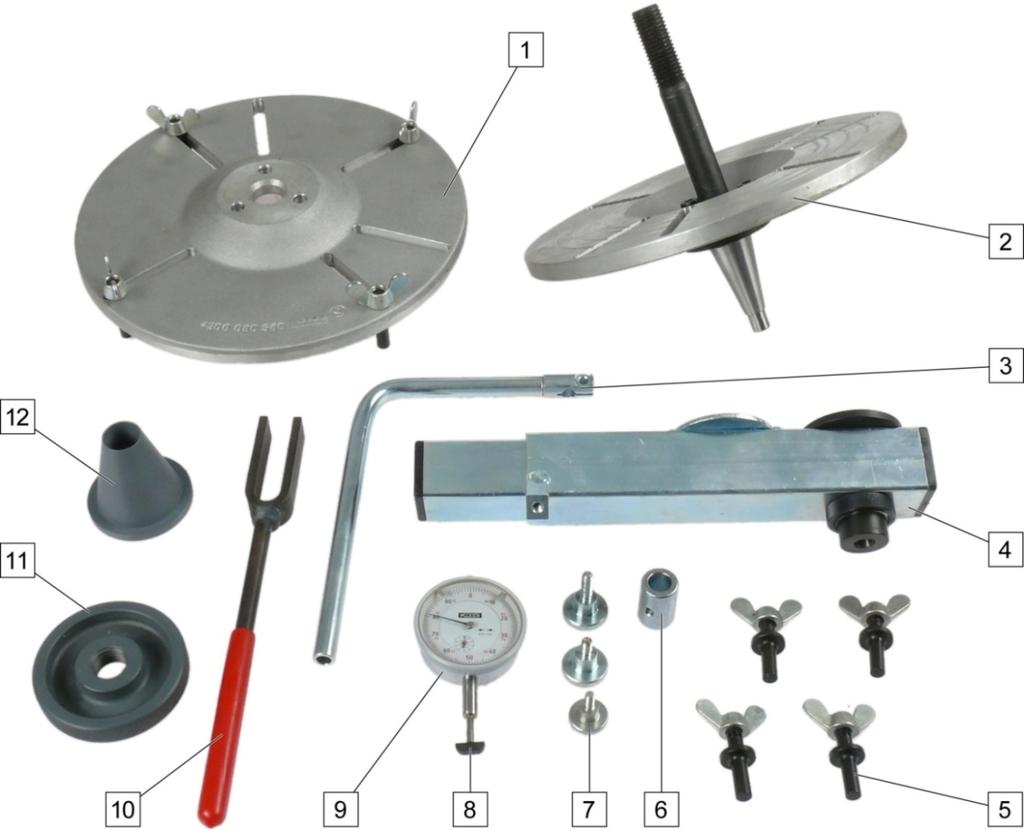 2. Escopo de fornecimento Figura 1: Escopo de fornecimento - para veículo comercial 1 Prato base 7 Parafusos de aperto 2 Prato base com pinos de guia 8 Sensor de medição 3 Dispositivo de fixação para