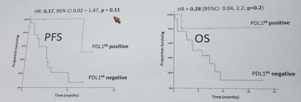 Resposta a Anti-PD1/PDL-1 de Acordo com PDL-1 Coorte Australiana, n=46 (93% >1L) PR=15%