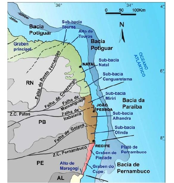 arenito calcífero cinza; 21 m de folhelho siltoso cinza; 9 m de argila amarela; 30 m de arenito médio; 18 m de arenito argiloso; 12 m arenito médio e 35 de arenito grosso.