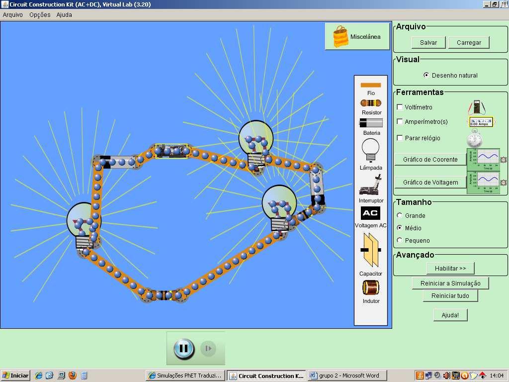A Figura 3 mostra a tela principal da simulação computacional escolhida para a atividade de aprendizagem com uma das imagens montadas pelos estudantes.