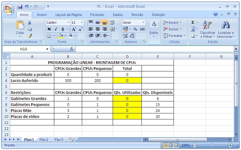 Para tanto o primeiro passo será a elaboração de uma planilha inicial com os dados fundamentais do problema.