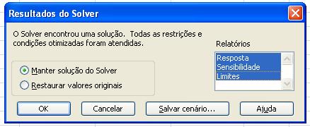 O Solver irá fazer as tentativas de resolução e após encerrado o processo de cálculo apresentará o quadro