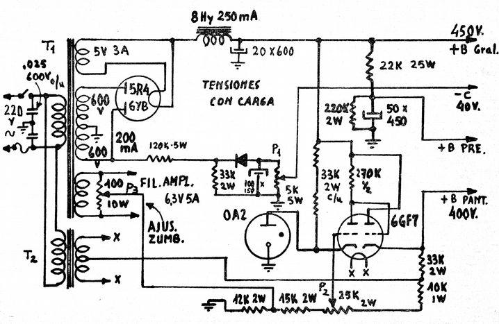 100 Circuitos com Válvulas 93 - Fonte para Amplificador Esta fonte é de uma documentação técnica antiga da RCA, fabricante das válvulas utilizadas.