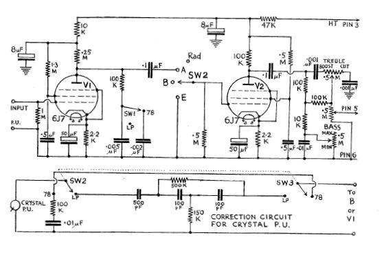 Newton C. Braga 15 - Amplificador Corretor para Fonocaptor Este circuito é de uma publicação de 1952.
