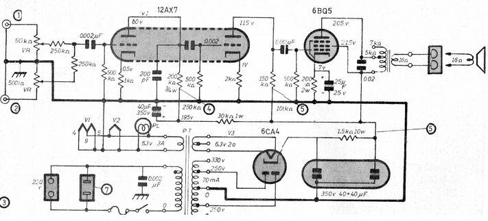100 Circuitos com Válvulas 64 - Amplificador 6BQ5 (2) Este amplificador é de uma antiga publicação da década de 70.