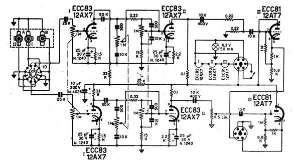 100 Circuitos com Válvulas 71 - Pré-Amplificador Valvulado Este circuito é de um pré-amplificador valvulado dos anos 1970.