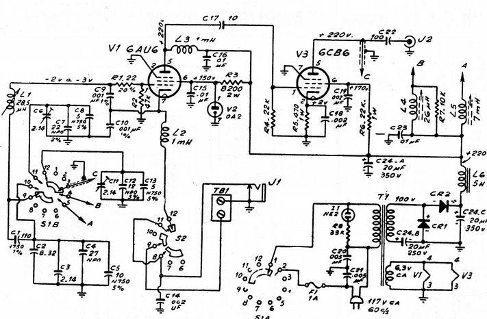 100 Circuitos com Válvulas 75 - Oscilador de Frequência Variável (VFO) Este é o circuito de um Oscilador de Frequência Variável para bancada da EICO, fabricado na década de 1970.
