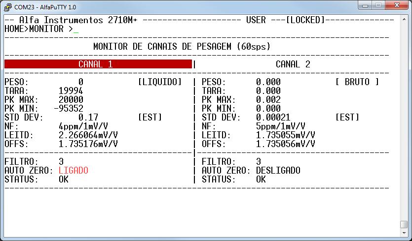 Para visualizar acesse o menu principal, pressione a tecla <1> Monitoração de Sinais, em Monitor de Sinais pressione tecla <1> Peso Canal 1 / Canal 2. f.