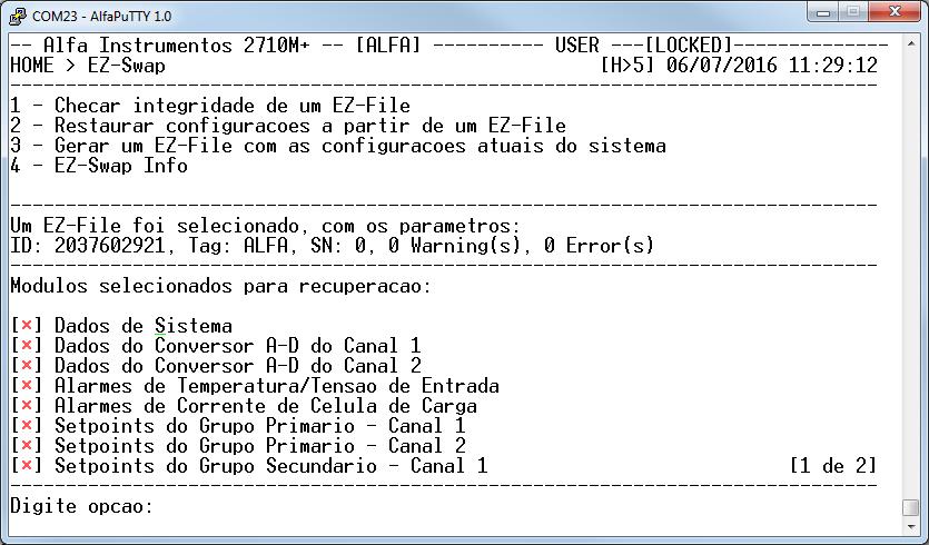 10. Selecione o Ez-File que será utilizado para restauração; 11. Aguardar a transferência concluir; 12. Será apresentada a tela com as informações do arquivo transferido; 18.