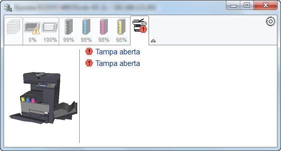 Imprimindo a partir do PC > Monitoramento do status da impressora (Status Monitor) Guia Alerta Se ocorrer um erro, uma notificação é exibida usando uma imagem em 3D e uma mensagem.