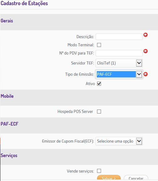 Descrição: Ex: Caixa 1 Modo Terminal: Indica que será apenas um terminal de lançamento de DAV/PV ou