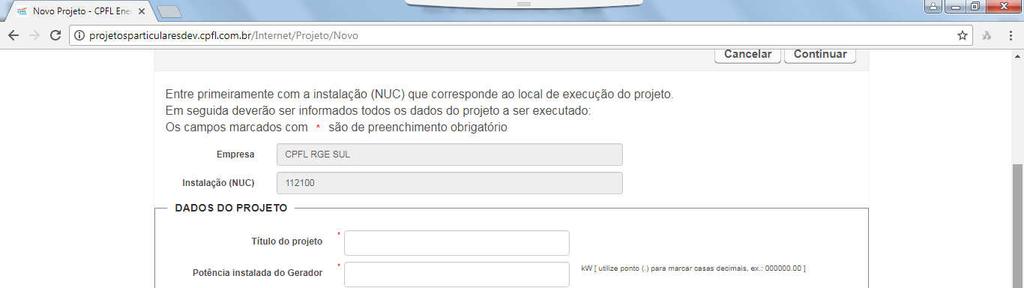 Apresentação de Projetos 1 -Preencher os dados do projeto Para projetos de Microgeração e Minigeração nos moldes da REN