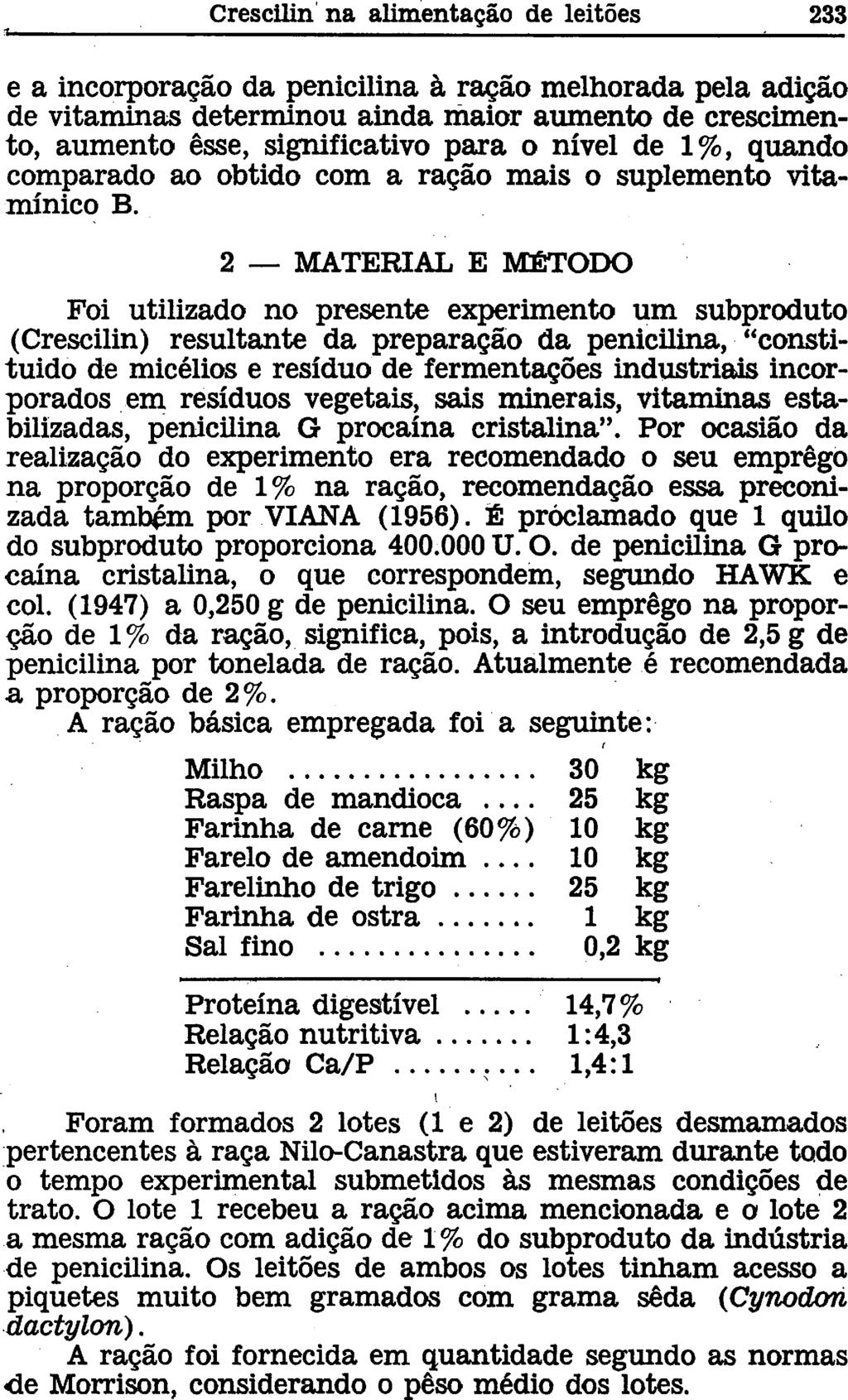 e a incorporação da penicilina à ração melhorada pela adição de vitaminas determinou ainda maior aumento de crescimento, aumento esse, significativo para o nível de 1%, quando comparado ao obtido com