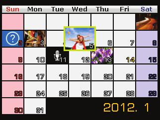 Tryb kalendarza W trybie wyświetlania/odtwarzania naciśnij przycisk zoomu dwa razy w kierunku, aby uaktywnić tryb kalendarza.