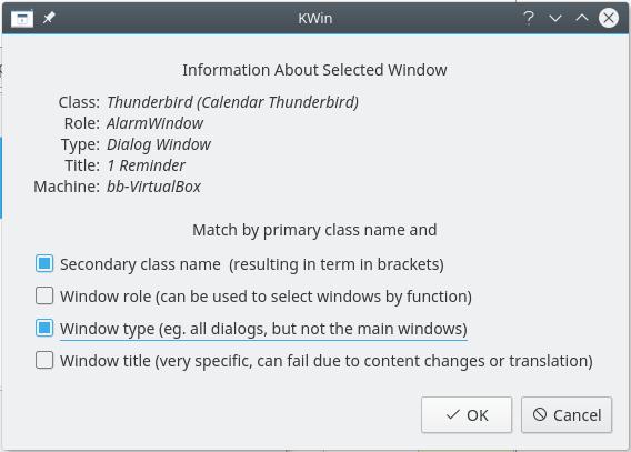 1. Use o Detectar as propriedades da janela e selecione a janela de lembretes do Thunderbird.