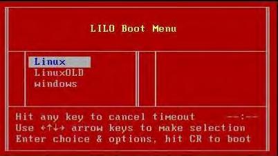 A próxima figura mostra a interface do LILO. Observe as três opções disponíveis que aparecem na janela, a saber: Linux, LinuxOld e Windows. Figura.