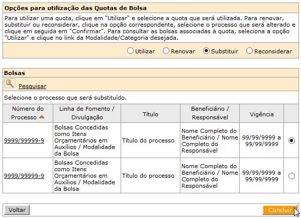 Será exibido um popup para o preenchimento dos dados da proposta da bolsa substituta: Deve-se informar o beneficiário (Bolsista) e o responsável pela bolsa