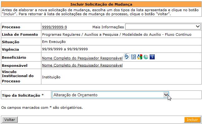 5) Será apresentada a tela de elaboração da SM de Alteração de Orçamento, que permitirá realizar alterações no orçamento do processo, inclusive no que se refere às Quotas de Bolsa (mais detalhes a