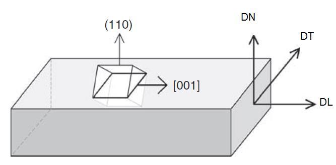 20 Figura 3.9: Ilustração esquemática da relação entre a amostra de cristal e dos eixos para a orientação Goss (110) [001]. A normal (110) é paralela ao DN e [001] é paralelo ao eixo DL.