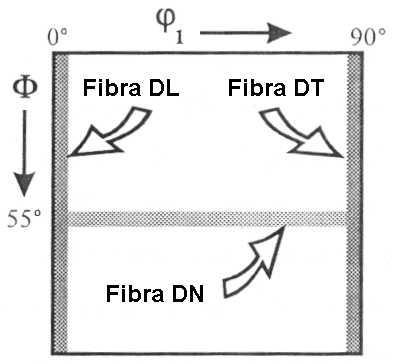 22 A figura 3.11 mostra as regiões chamadas de fibras. A fibra DL é formada pelas orientações do tipo (hkl)[110], ou seja, têm a direção [110] paralela à direção DL conhecida como fibra α.