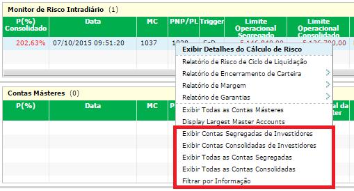 Após selecionar um dos menus, serão disponibilizadas na tela Contas do Investidor informações referentes aos cálculos de risco das contas de seus comitentes finais.