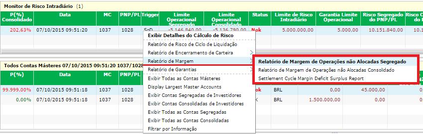 margem. Clicar com o botão direito na linha da conta que se deseja saber informações de margens de garantias, selecionar o campo Relatório de Margem.