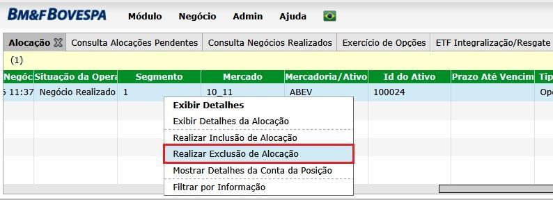 9.1.2.2. Exclusão de Alocação A exclusão é o processo pelo qual o participante excluirá a conta alocada. Esta ação é sujeita à análise de risco pela câmara.