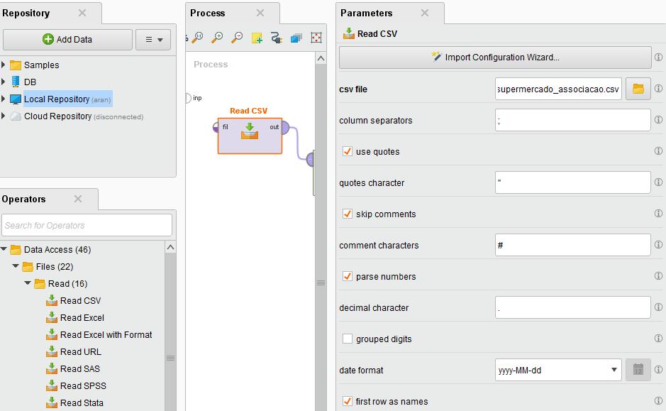 Folha 6 Exercício 3 Algoritmo Apriori 1. Criar novo processo; 2. Leitura dos dados do problema: Import / Data 3.