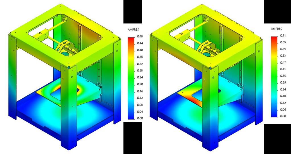 Figura 48 - Resultante da amplitude para o modo nº1 (esquerda) e modo nº5 (direita) das análises de frequência natural com cargas e sem cargas, respetivamente Tabela 27 - Resultados