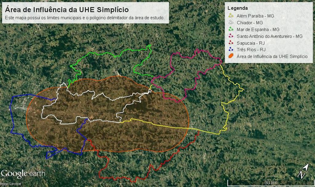 Figura 02: Mapa do Google Earth demostrando a área de influencias da UHE Simplicio e os limites municipais. Fonte: Google Earth. 2.2.1- Considerações de sazonalidade.