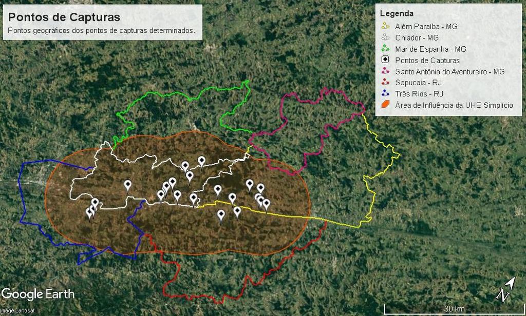 Figura 06: Mapa dos pontos de captura determinados durante a busca ativa na área de estudo. Fonte: Google Earth.