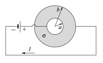 a. Calcule em função da corrente I o vetor densidade de corrente no meio resistivo a uma distância r do centro dos eletrodos (a<r<b). b. Calcule a resistência do sistema ôhmico em função de a, b e σ.