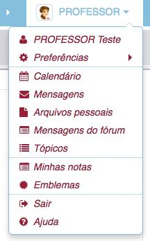 Calendário : Acessa todos os eventos das disciplinas; Mensagens : Visualiza as mensagens recebidas de outros participantes da disciplina para responder e enviar novas mensagens; Arquivos pessoais :