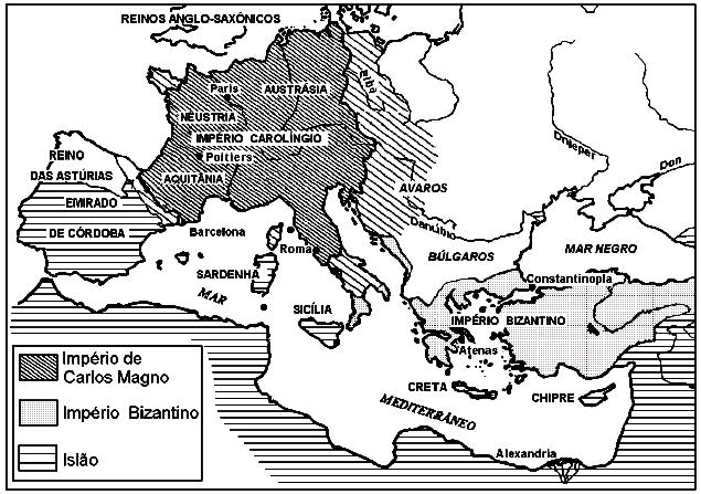 O mapa abaixo descreve a configuração dos Impérios Bizantino, Islâmico e Carolíngio, no princípio do século IX.