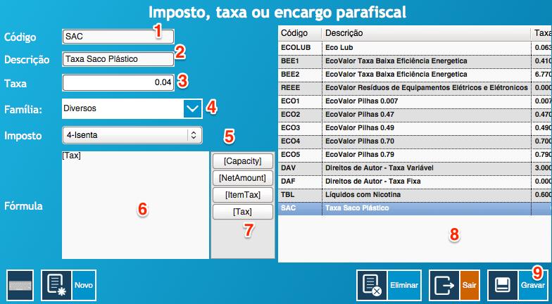 Plásticos, deverá aceder a Configurações -> ECO Taxas.