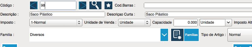 Neste exemplo temos um produto normal criado Saco Plástico.