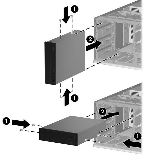7. Instale dois parafusos-guias nos orifícios inferiores de cada lado da unidade (1). NOTA: Unidades ópticas, unidades de disquete e leitor de cartão de mídia usam parafusos-guia métricos M3.