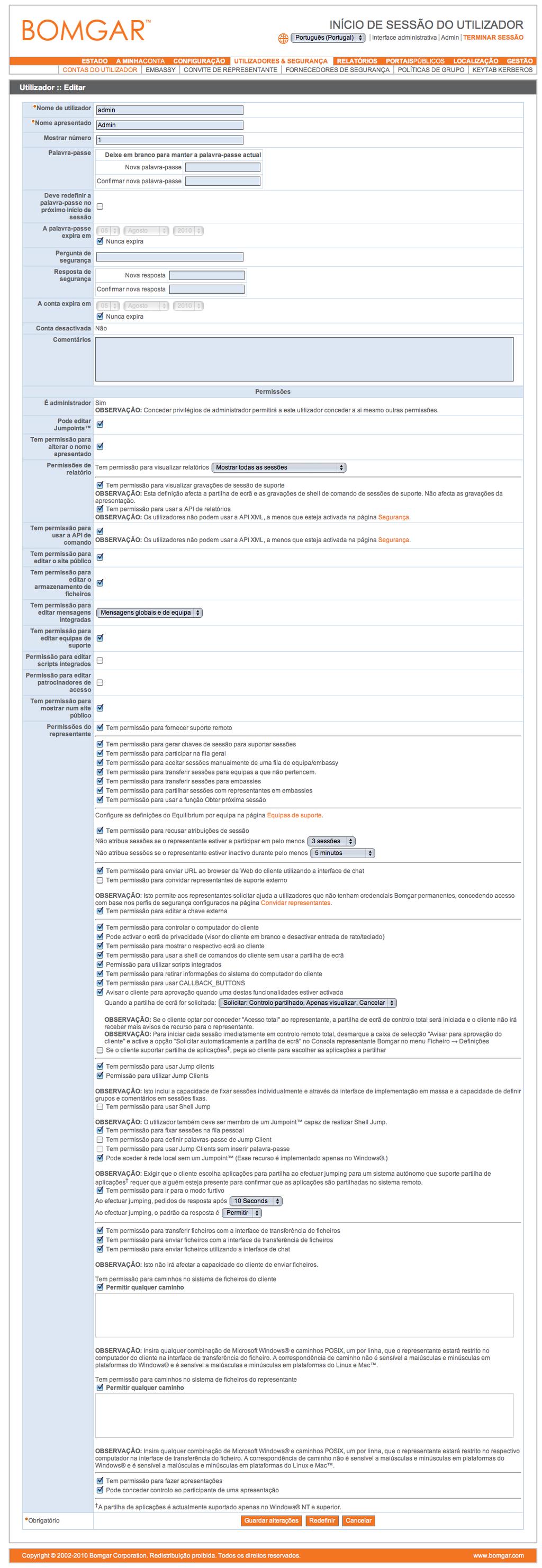 Clique em Mostrar tudo para ver mais informações ou Reduzir para voltar à vista normal. Editar permite alterar as definições da conta individual e Eliminar remove os representantes do sistema.