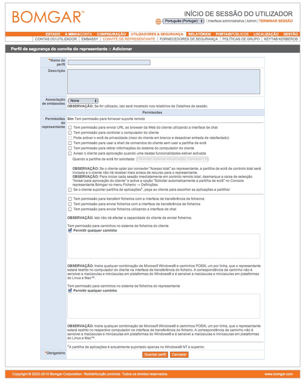 Estes perfis de segurança são configurados pelos administradores nesta página. É possível criar um novo perfil de segurança de raiz ou copiá-lo a partir de um perfil existente.