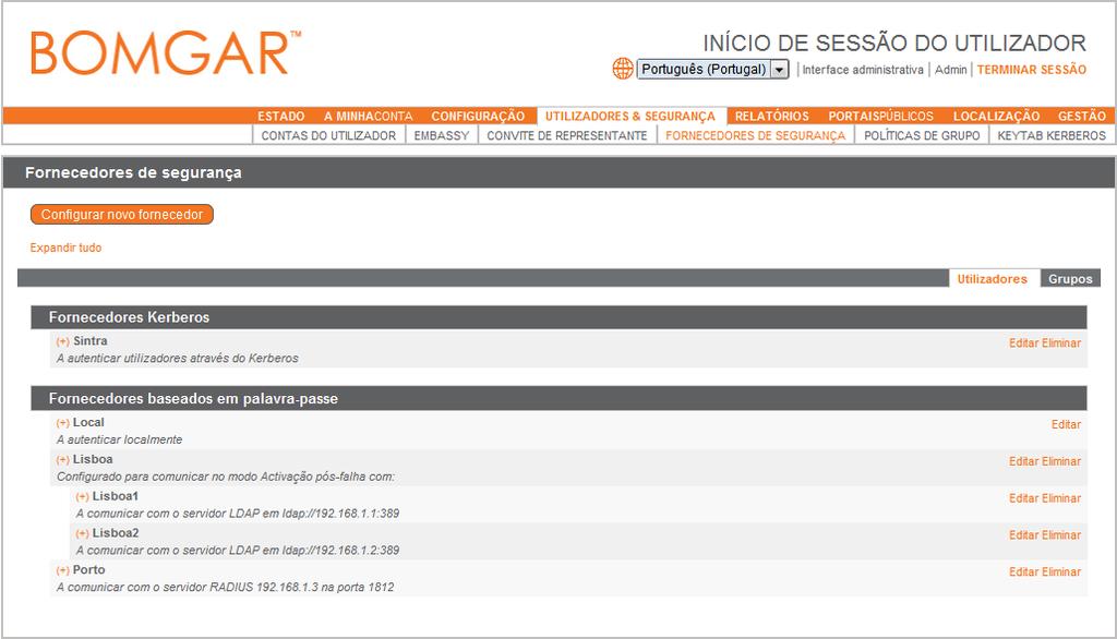 Fornecedores de segurança Pode configurar a sua Bomgar Box para autenticar os seus utilizadores em servidores existentes LDAP, RADIUS ou Kerberos e atribuir privilégios com base na hierarquia