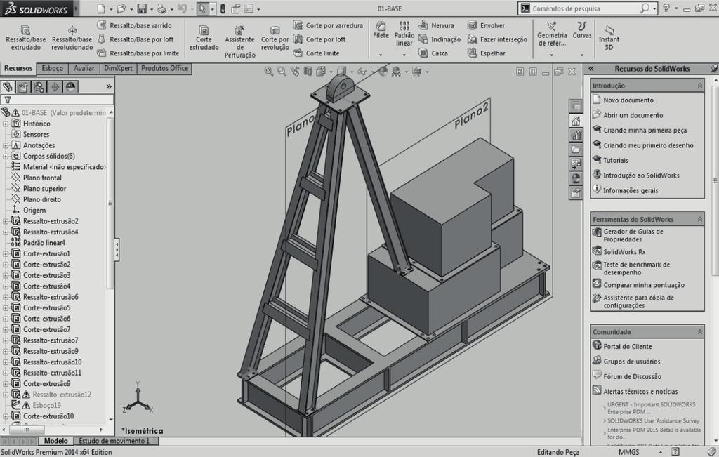 Por meio do recurso Corte extrudado, foi possível fazer furos na peça, onde foram colocados parafusos de 30 mm de diâmetro, igualmente espaçados, para mera