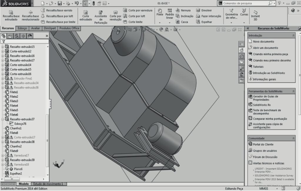 132 Cadernos de Graduação Posteriormente, utilizando o recurso Ressalto/base extrudado, fez-se uma caixa com chapas de 10 mm de espessura e 500 mm de altura, onde foram apoiadas as regiões de encaixe