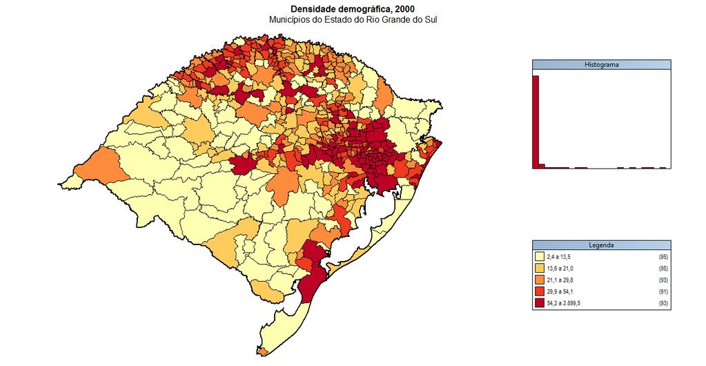 Densidade demográfica nos municípios do Rio Grande do Sul
