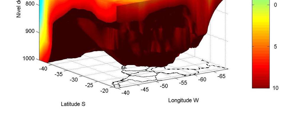 A casca observada corresponde ao formato volumétrico descrito pela isoterma de 10ºC. O volume da massa de ar frio avança pelo continente, adquirindo mais volume. 3.