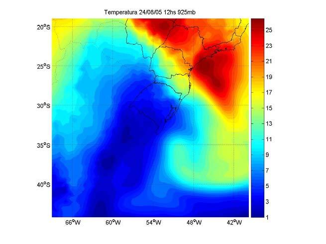 Fig.5 Temperatura, dia 24/08/2005 00Z, no Fig.6 Temperatura, dia 24/08/2005 00Z, no nível de 1000hPa. nível de 925hPa. Observa-se a temperatura do ar, no dia 24 de agosto de 2005,00Z.